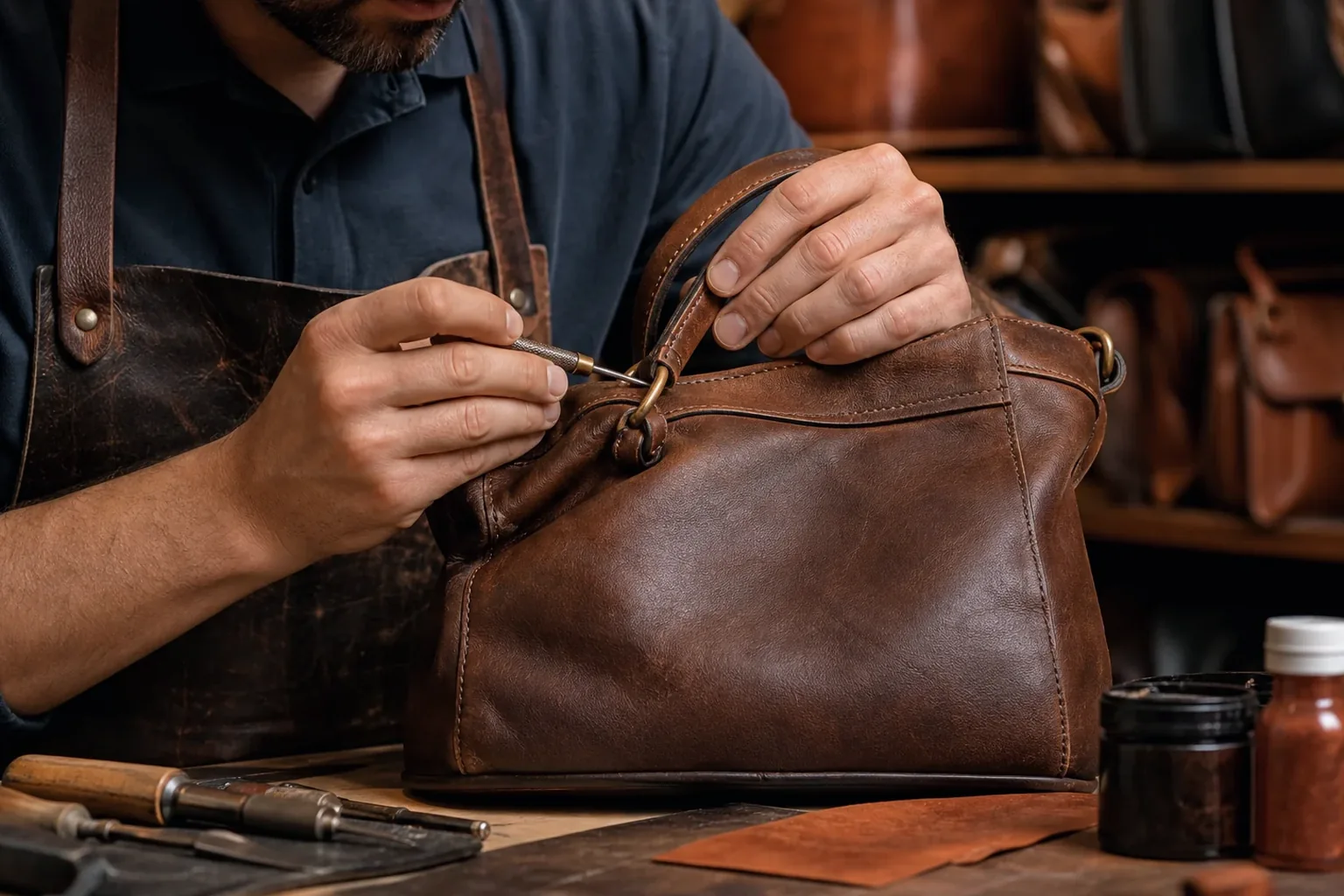 Sapateiro reformando uma bolsa de couro em Macapá.